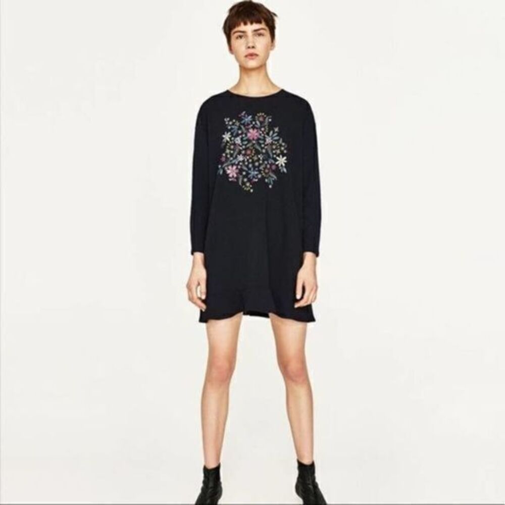 ZARA Navy Embroidered Floral Sequin Detail Longsleeves Mini Dress SM